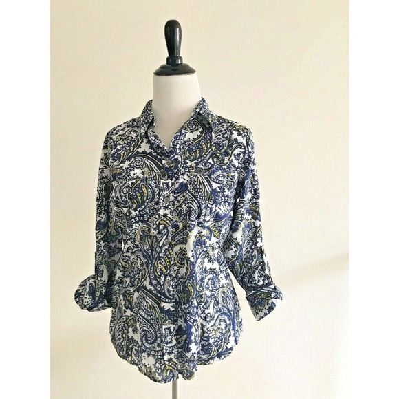 Michael Kors | Womens Size S Blue Roll Tab Paisley Button Up Collar Shirt Cotton - Picture 6 of 8